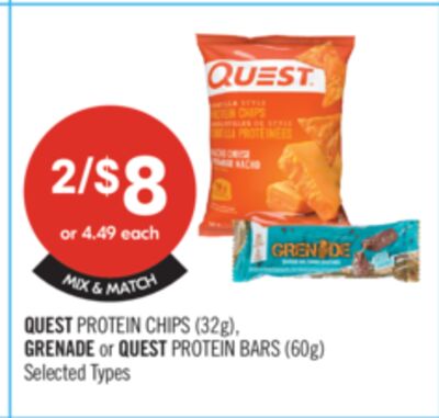 QUEST PROTEIN CHIPS (32g), GRENADE or QUEST PROTEIN BARS (60g)