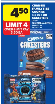 CHRISTIE FAMILY SIZE COOKIES, 303-488 G OR CAKESTERS, 285 G