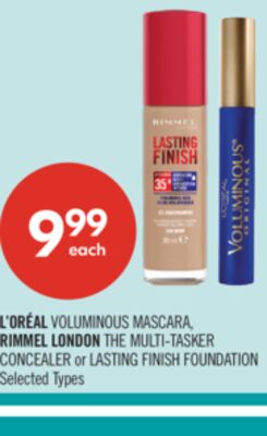 L'ORÉAL VOLUMINOUS MASCARA, RIMMEL LONDON THE MULTI-TASKER CONCEALER or LASTING FINISH FOUNDATION