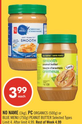 NO NAME (1kg), PC ORGANICS (500g) or BLUE MENU (750g) PEANUT BUTTER