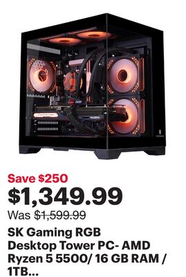 SK Gaming RGB Desktop Tower PC- AMD Ryzen 5 5500/ 16 GB RAM / 1TB SSD /Nvidia GeForce RTX 5060 / Windows 11 Pro