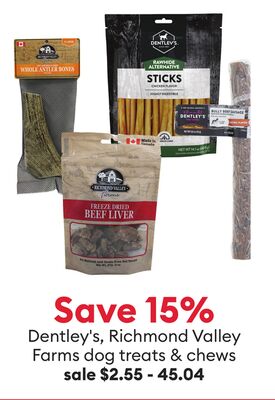 Save 15% Dentley's, Richmond Valley Farms dog treats & chews