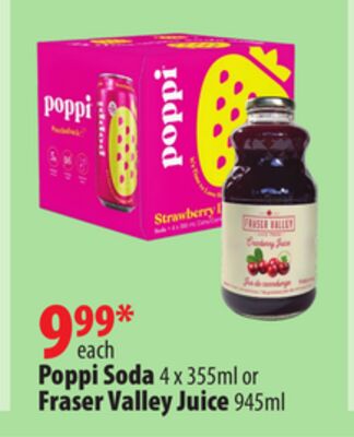 Poppi Soda 4 x 355ml or Fraser Valley Juice 945ml