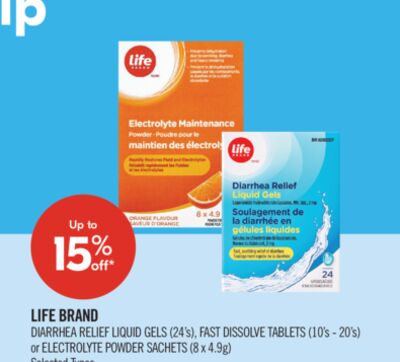 LIFE BRAND DIARRHEA RELIEF LIQUID GELS (24 's), FAST DISSOLVE TABLETS (10's - 20's) or ELECTROLYTE POWDER SACHETS (8 × 4.9g)