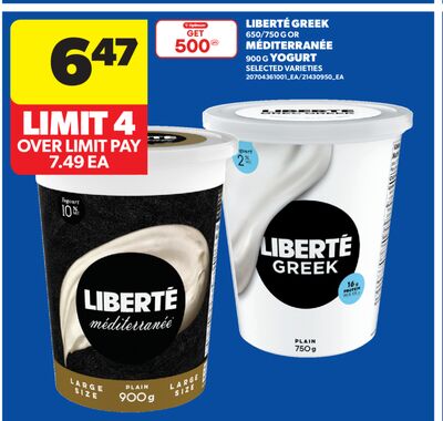 LIBERTÉ GREEK 650/750 G OR MÉDITERRANÉE 900 G YOGURT