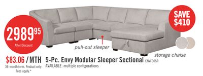 Envy 5-Piece Right-Facing Chenille Fabric Sleeper Sectional with Storage Chaise - Fog Grey
