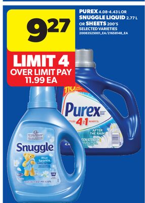 PUREX, 4.08-4.43 L OR SNUGGLE LIQUID, 2.77 L OR SHEETS, 200'S