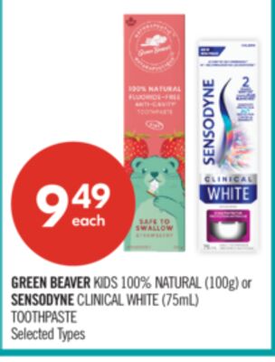 GREEN BEAVER KIDS 100% NATURAL (100g) or SENSODYNE CLINICAL WHITE (75mL) TOOTHPASTE