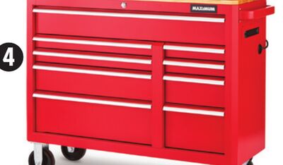 47˝ 9-Drawer Tool Cabinet with Built-In Power Bar and USB, Solid Wood Top. 2000-lb caster capacity.