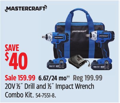 Mastercraft 20V 1⁄2˝ Drill and 1⁄2˝ Impact Wrench Combo Kit