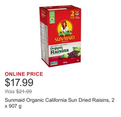 Sunmaid Organic California Sun Dried Raisins, 2 x 907 g