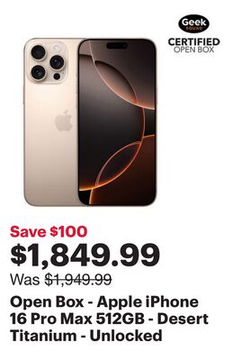 Open Box - Apple iPhone 16 Pro Max 512GB - Desert Titanium - Unlocked