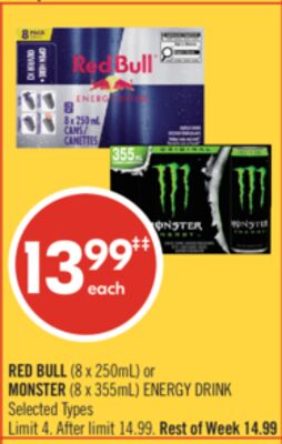 RED BULL (8 x 250mL) or MONSTER (8 x 355mL) ENERGY DRINK