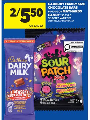 CADBURY FAMILY SIZE CHOCOLATE BARS, 80-100 G OR MAYNARDS CANDY, 135-154 G