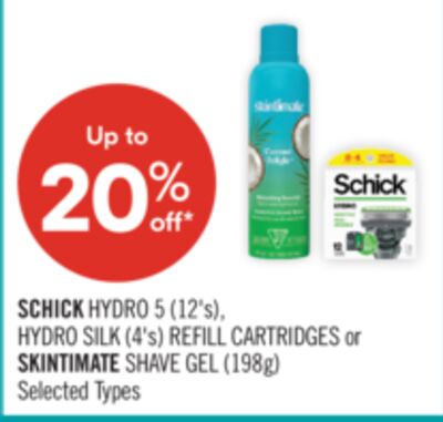SCHICK HYDRO 5 (12's), HYDRO SILK (4's) REFILL CARTRIDGES or SKINTIMATE SHAVE GEL (198g)