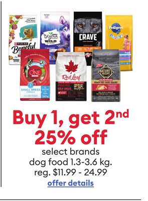 Buy 1, get 2nd 25% off select brands dog food 1.3-3.6 kg.