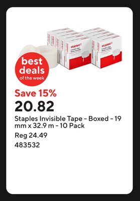 Staples Invisible Tape - Boxed - 19 mm x 32.9 m - 10 Pack