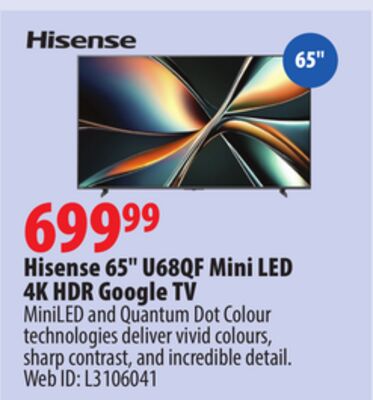 Hisense 65" U68QF Mini LED 4K HDR Google TV