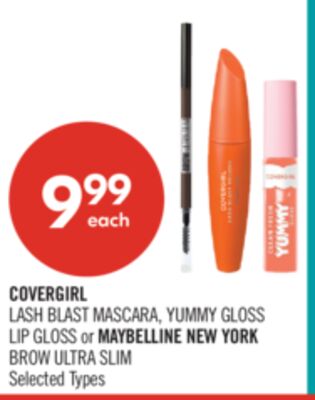 COVERGIRL LASH BLAST MASCARA, YUMMY GLOSS LIP GLOSS or MAYBELLINE NEW YORK BROW ULTRA SLIM
