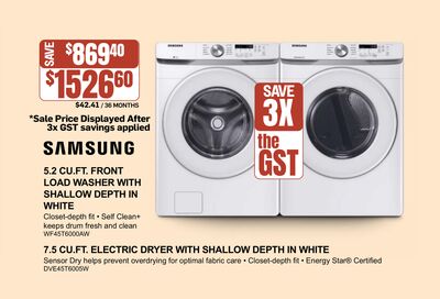 SAMSUNG 5.2 CU.FT. FRONT LOAD WASHER WITH SHALLOW DEPTH IN WHITE | 7.5 CU.FT. ELECTRIC DRYER WITH SHALLOW DEPTH IN WHITE