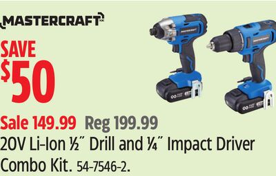 Mastercraft 20V Li-Ion 1⁄2˝ Drill and 1⁄4˝ Impact Driver Combo Kit.