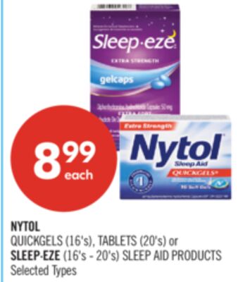 NYTOL QUICKGELS (16's), TABLETS (20's) or SLEEP∙EZE (16's - 20's) SLEEP AID PRODUCTS