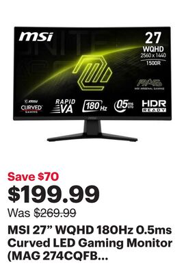 MSI 27" WQHD 180Hz 0.5ms Curved LED Gaming Monitor (MAG 274CQFB E18) - Metallic Black