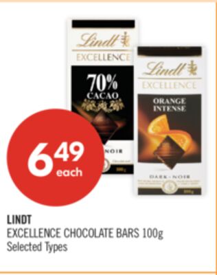 LINDT EXCELLENCE CHOCOLATE BARS 100g