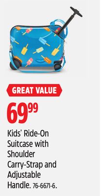 Kids' Ride-On Suitcase with Shoulder Carry-Strap and Adjustable Handle.