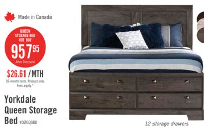 Yorkdale 12-Drawer Platform Bed with Headboard & Storage Frame, Made in Canada, Grey - Queen Size