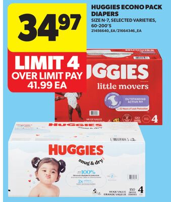 HUGGIES ECONO PACK DIAPERS, 60-200'S