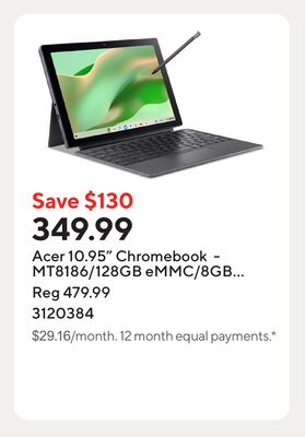 Acer 10.95" Chromebook - MT8186/128GB eMMC/8GB RAM/Touchscreen/ChromeOS with 3 months of Google AI Pro