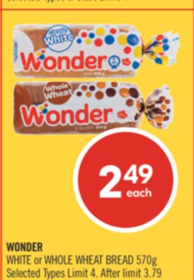 WONDER WHITE or WHOLE WHEAT BREAD 570g