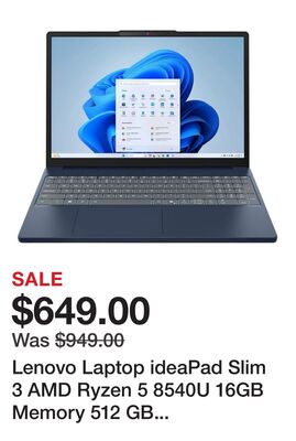 Lenovo Laptop ideaPad Slim 3 AMD Ryzen 5 8540U 16GB Memory 512 GB PCIe SSD AMD Radeon 740M 15.3" Touchscreen Windows 11 Home 83KA0045CF