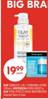 OLAY COMPLETE 3-IN-1 HYDRATING LOTION (300mL), NEUTROGENA HYDRO BOOST or OLAY TOTAL EFFECTS FACIAL MOISTURIZERS