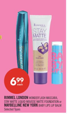RIMMEL LONDON WONDER'LASH MASCARA, STAY MATTE LIQUID MOUSSE MATTE FOUNDATION or MAYBELLINE NEW YORK BABY LIPS LIP BALM
