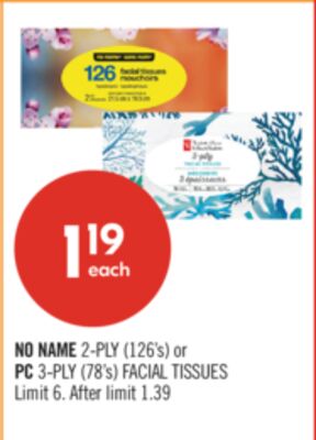 NO NAME 2-PLY (126's) or PC 3-PLY (78's) FACIAL TISSUES