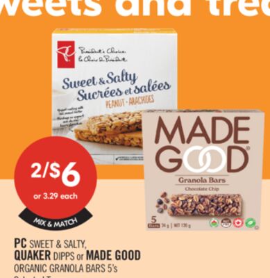 PC SWEET & SALTY, QUAKER DIPPS or MADE GOOD ORGANIC GRANOLA BARS 5's