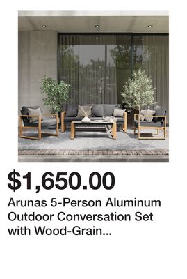 Arunas 5-Person Aluminum Outdoor Conversation Set with Wood-Grain Finish & Weather-Resistant Cushion