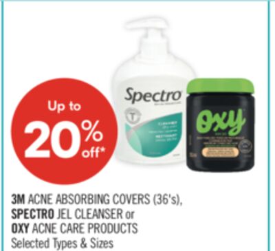 3M ACNE ABSORBING COVERS (36's), SPECTRO JEL CLEANSER or OXY ACNE CARE PRODUCTS