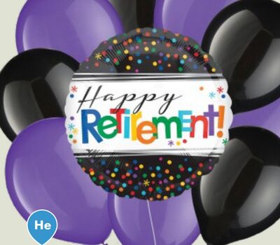 Happy Retirement Round Polka Dot Satin Foil Balloon Bouquet with Latex Balloons, Black/Multi-Coloured, 10-pk, Helium Inflation & Ribbon Included