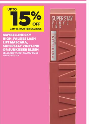 MAYBELLINE SKY HIGH, FALSIES LASH LIFT MASCARA, SUPERSTAY VINYL INK OR SUNKISSER BLUSH