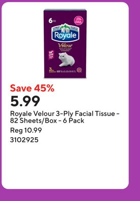 Royale Velour 3-Ply Facial Tissue - 82 Sheets/Box - 6 Pack
