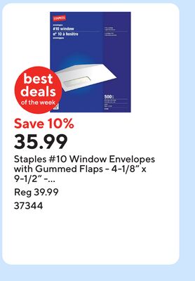 Staples #10 Window Envelopes with Gummed Flaps - 4-1/8" x 9-1/2" - White - 500 Pack