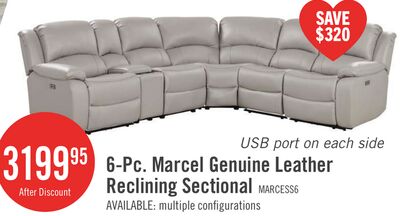 Marcel 6-Piece Genuine Leather Power Reclining Sectional with Storage Console and USB Port - Grey