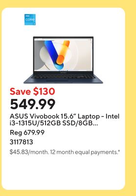 ASUS Vivobook 15.6" Laptop - Intel i3-1315U/512GB SSD/8GB RAM/Windows 11 Home