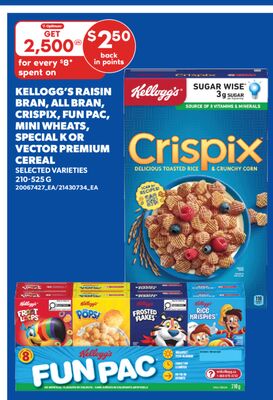 KELLOGG'S RAISIN BRAN, ALL BRAN, CRISPIX, FUN PAC, MINI WHEATS, SPECIAL K OR VECTOR PREMIUM CEREAL, 210-525 G