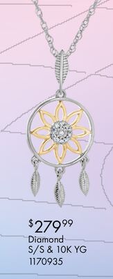 Sterling Silver 10K Yellow Gold Diamond Dreamcatcher Necklace