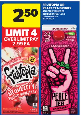 FRUITOPIA OR PEACE TEA DRINKS, 1.75 L