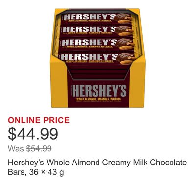 Hershey's Whole Almond Creamy Milk Chocolate Bars, 36 × 43 g